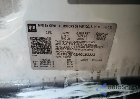 2022 GMC Sierra Limited K1500 Elevation-L z USA, uszkodzony, nr VIN 3GTP9GEK1NG153223